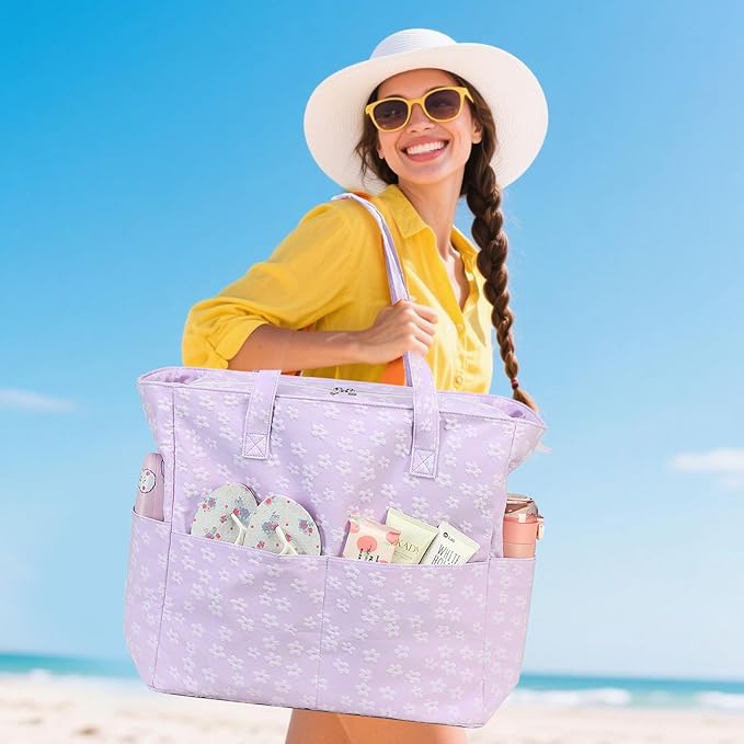LEDAOU Large Beach Tote Bag Women Waterproof Sandproof Zipper Beach Tote Bag for Pool Gym Grocery Travel with Wet Pocket
