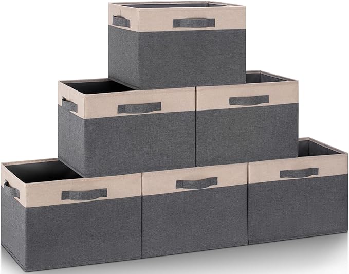 GhvyenntteS Large Fabric Storage Bins for Shelves with 3 Handles, 15x11x9.6in Closet Storage Bins, Sturdy Foldable Storage Baskets for Shelves Closet Bedroom Living Room Office (Beige, Set of 6)