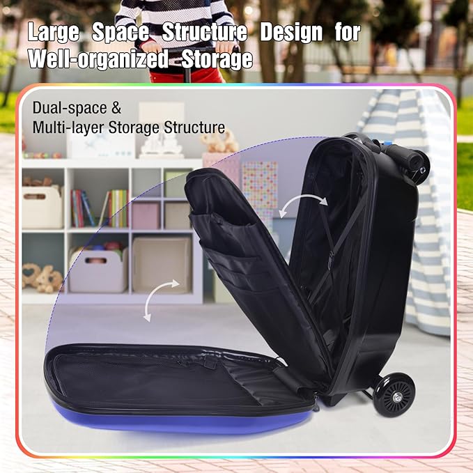 20" Scooter Suitcase for Kids, 2-in-1 Ride On Luggage with Wheels for Boys & Girls Ages 4-15, Foldable Hardshell Carry On Lightweight Travel Suitcase for Airplane (With LED, Dark Blue)