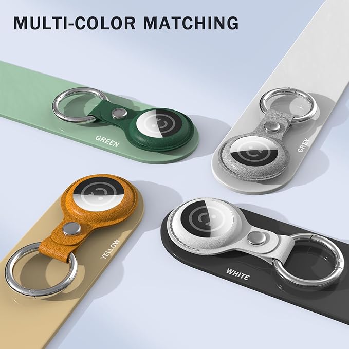 RFUNGUANGO Airtags Holder Keychain Keyring, 4 Pack Leather Case Cover for Women Men Kids with Apple Air Tag GPS Tracker Item Finders-Green,Yellow,Grey,White