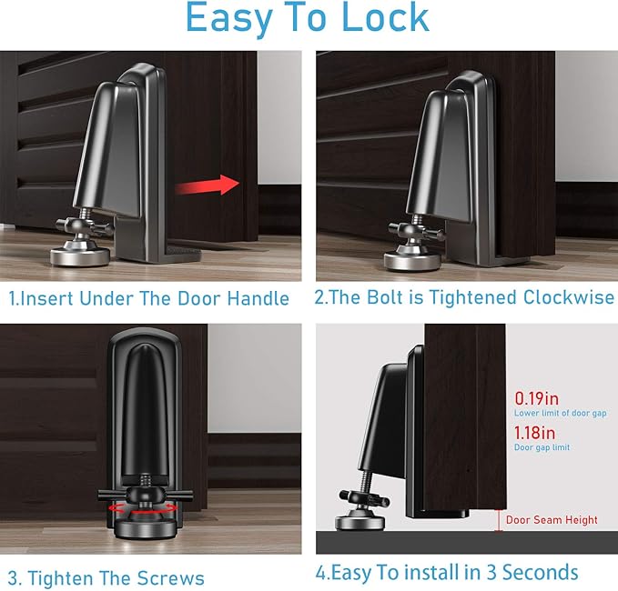 Portable Door Locks - Door Stoppers Security, Door Lock Replacement Parts, Heavy Duty Door Lock Door Jammer Door Blocker Device for Apartment/Travel/Hotel/Home (Black)
