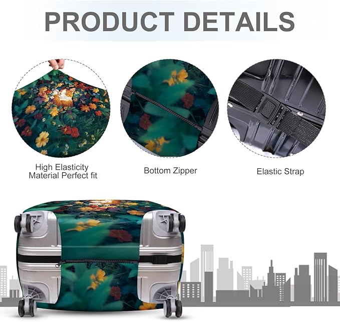 ANNA QUEEN Dreamy Cat Luggage Cover, Cat Sleeping in a Flower Field Design, Stretchable, Washable Travel Protector for 20-22 Inch Luggage