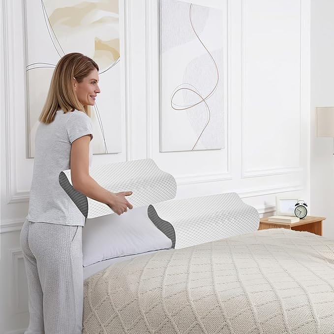 Memory Foam Pillows 2 Pack Neck Pillow - Neck Support Pillow for Pain Relief, Ergonomic Cervical Pillow for Sleeping, Orthopedic Contour Bed Pillow for Side, Back, Stomach Sleepers,Grey