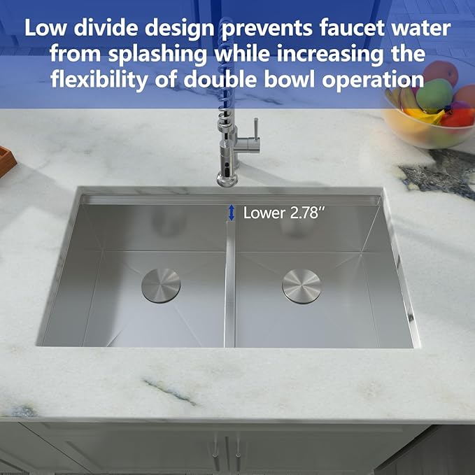 Dcolora 33 In. Double Bowl Kitchen Sink Undermount Sink Workstation Stainless Steel 50/50 Split Low Divided 16 Gauge Under Counter Basin, 33"x19"x10",DC-U-1111