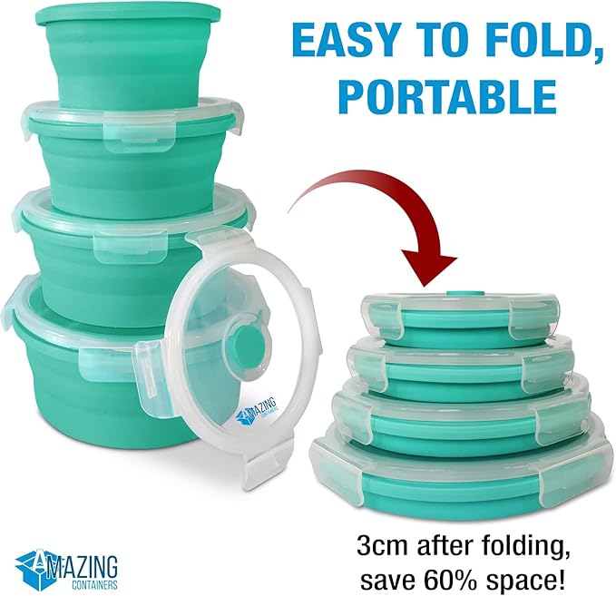 Collapsible Bowls for Camping, Set of 4 Silicone Food Storage Containers with Lids, Rv storage and organization, Rv Kitchen Accessories, BPA Free, Microwavable, Freezer, Dishwasher Safe