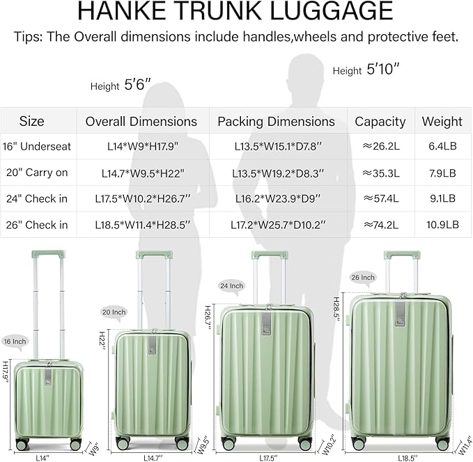 Hanke 16 Inch Underseat Carry On Luggage with Wheels,Small Hard Shell Suitcases for Weekender,Top Opening Lightweight Travel Luggage Suitcase for Womem Men,Bamboo Green.