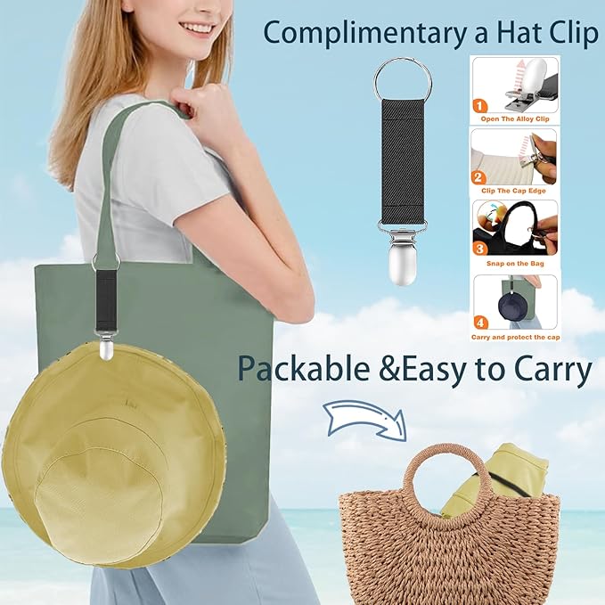 vidsel Womens Sun Hats Wide Brim Reversible Bucket Cotton Hat Packable Summer Travel Cap with Hat Clip,UV Protection