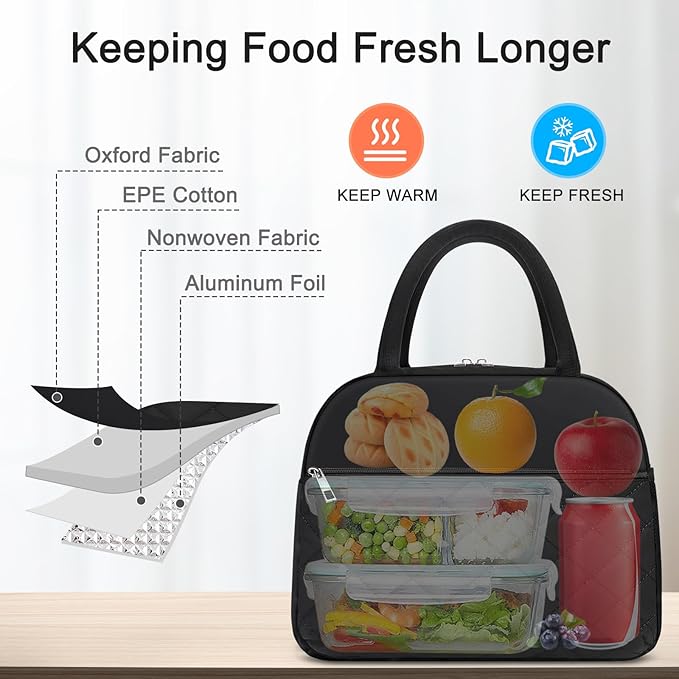 Lunch Bag Lunch Box for Women Men Insulated Reusable Large Lunch Tote Bag Adult Leakproof Simple Cooler Bag for Office Work Picnic Beach or Travel, Black