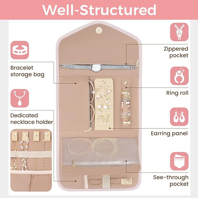 BAGAIL Hanging Toiletry Bag for Women Water-resistant Cosmetic Bag Large Capacity Travel Makeup Organizer for Full-Sized Travel Essentials(Classic+Jewelry Bag, Pink)