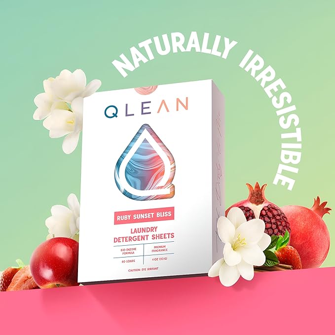 QLEAN Laundry Detergent Sheets – Travel-Friendly, HE & Standard Washer Safe, Liquidless Laundry Soaps, Quick-Dissolving Formula, Skin-Friendly (120 Loads, Ruby Sunset Bliss)