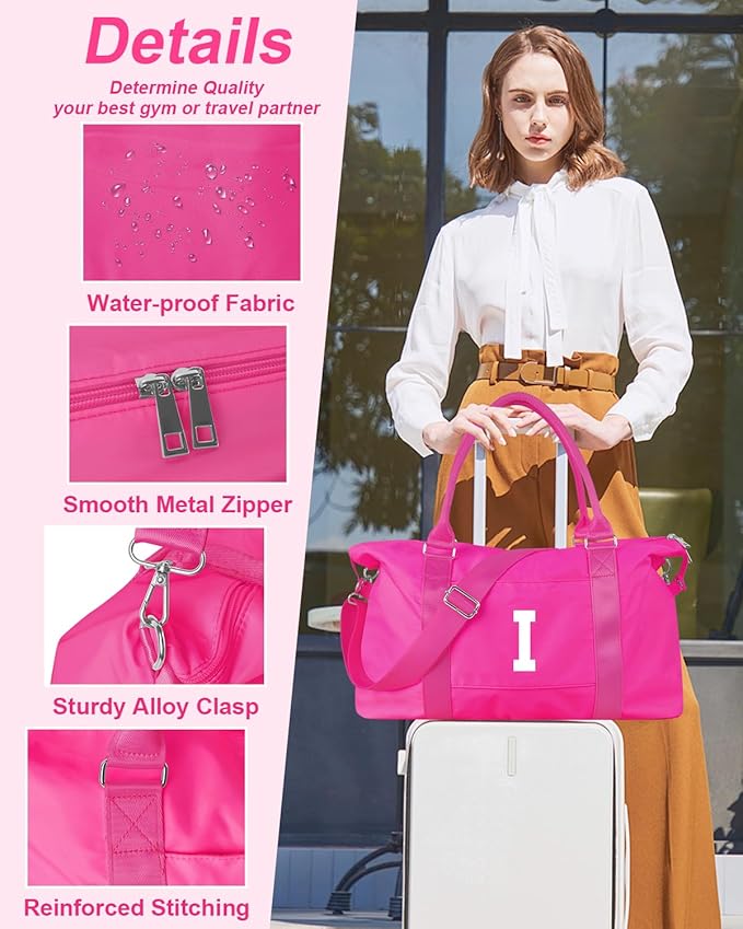 Overnight Bag for Kids Teen Girls Weekender Dance Bag Birthday Graduation Gifts,Initial Travel Duffel Bag Sports Gym Bag Personalized Weekender Bag Carry On Bags Preppy Gifts for Women(Hot Pink, I)