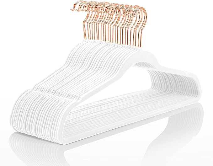 MIZGI Premium Velvet Hangers (50 Pack) Heavy Duty - Non Slip Felt Hangers - White - Rose Gold Swivel Hooks,Space Saving Clothes Hanger,Durable Strong Hanger for Suits,Coats,Dress