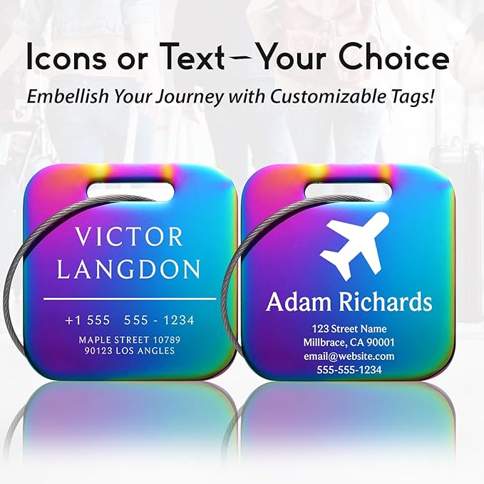 Customizable Stainless Steel Square Luggage Tags, Personalized, Metal, Suitcase, Bag, TSA Approved, Travel, Custom Text, Laser Engraved, Classic Square, Multicolor, 1 Count