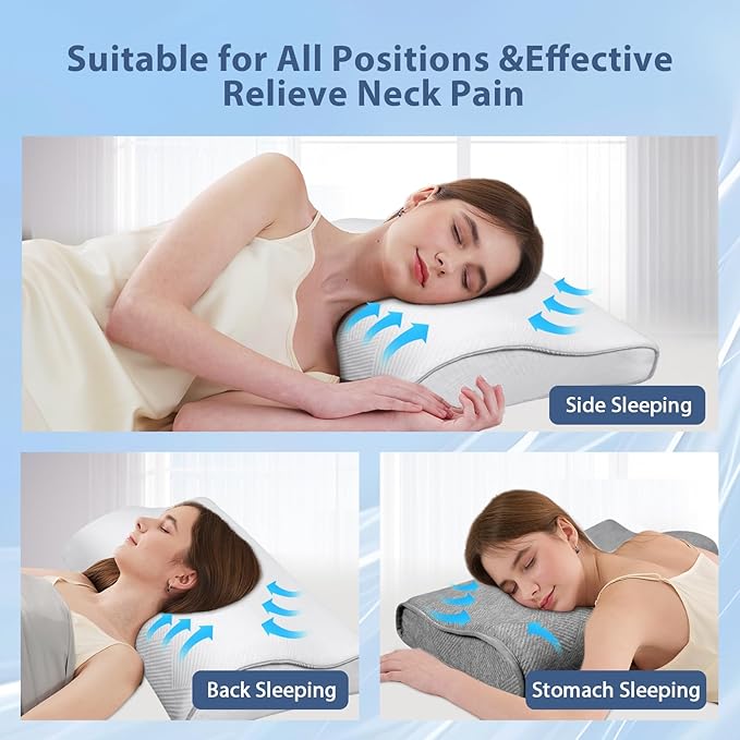 Memory Foam Pillow for Neck & Shoulder Pain Relief - Ergonomic Orthopedic Pillow with Removable Dual-Sided Breathable Pillowcase, CertiPUR-US Certified for Side/Back Sleepers, White & Grey