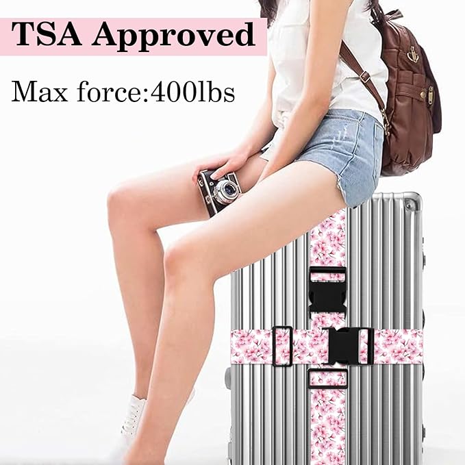 Luggage Straps for Suitcases TSA Approved, Luggage Identifiers for Suitcase, Adjustable Suitcase Strap for Baggage Security with Cute Patten, Travel Necessary Accessories (Peach Blossom)