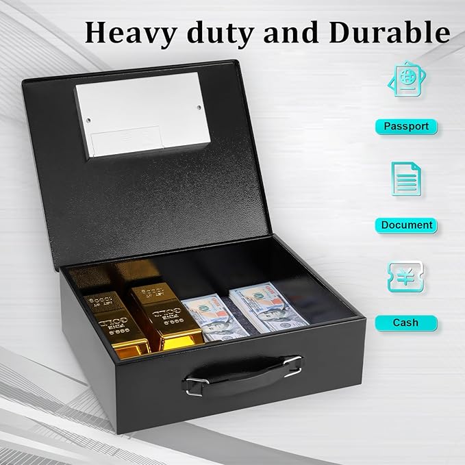 Dalmbox Portable Metal Safe Box with Digital Code Lock,Fire Resistant Storage for Documents, Fireproof Safe Box, Car, Home, Office and Outside, Black Box