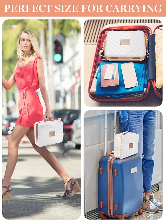 Kalolary Travel Makeup Train Cases with Lighted Mirror 3 Color Setting, Makeup Bag Cosmetic Case Organizer Adjustable Brightness Portable Makeup Storage Box For Makeup Brushes Accessories Tools,White