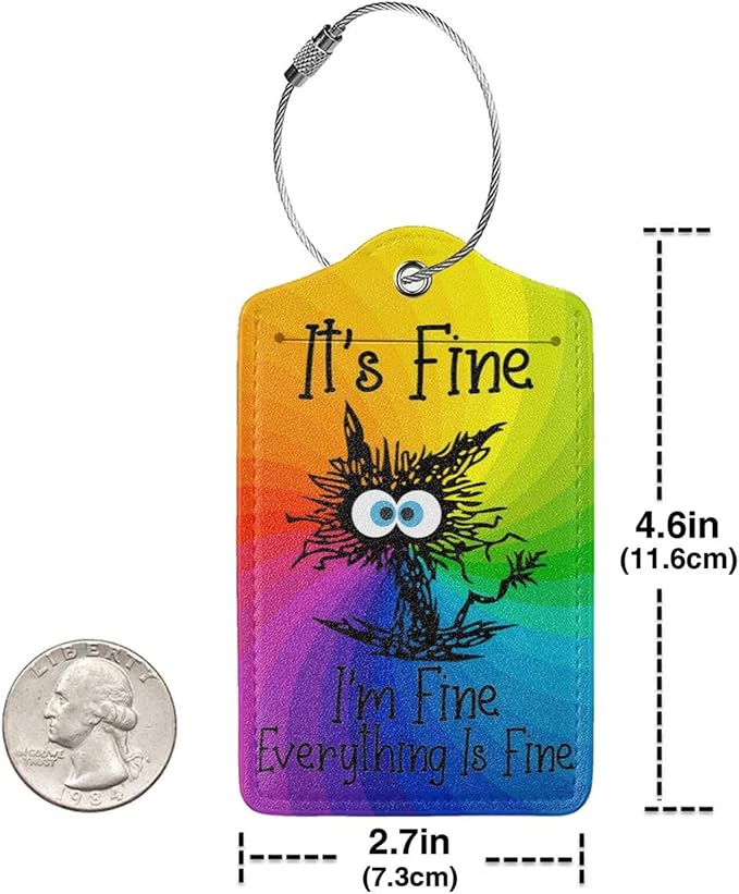 2 Pack Luggage Tags for suitcases Funny Cute Rainbow I'm Fine It's Fine Luggage Tag, Leather Stainless Steel Loop Label Tag for Men Women Travel Bag Suitcase(Rainbow Fine)