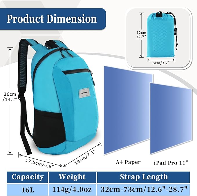 Hiking Daypack - Lightweight & Water-Resistant Portable Backpack for Travel, Camping, Outdoor Adventures(16L,turquoise blue)