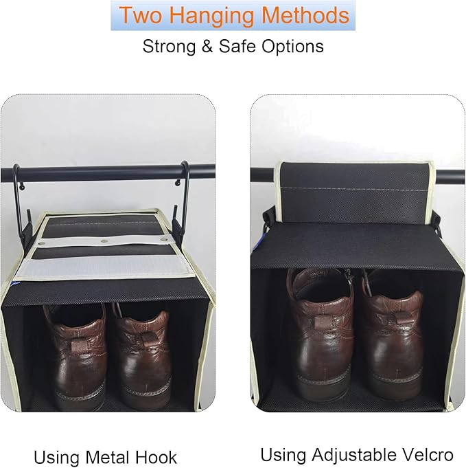 2 Pack Large-Sized Hanging Shoe Organizer 8-Shelf, Hanging Closet Organizer with 8 Side Pockets, Wider Hanging Shelves for Storage Shoes Clothes 9" W × 11.8" D× 48" H, Black.