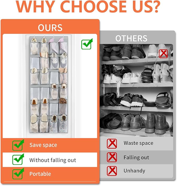 FENTEC 24 Pockets Over the Door Shoe Organizer Hanging Shoe Organizer for Closet, Space Saving Mesh Large Pocket Shoe Storage and Organizer, Shoe Holder for Apartments Garages, Grey 1 Pack