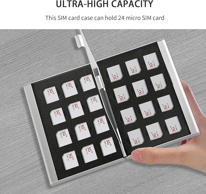Aluminum SIM Card Case, 24Slots Ultrathin SIM Card Holder, Fit for 24 Micro sim Card, Silver