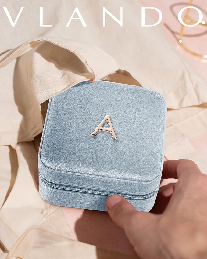 Vlando Valentines Day Gifts for Her, Bridesmaid Gifts for Women, Bridesmaid Proposal Gifts Unique Gifts, Wedding Travel Essentials Small Jewelry Box, Travel Jewelry Case - Letter G, Blue