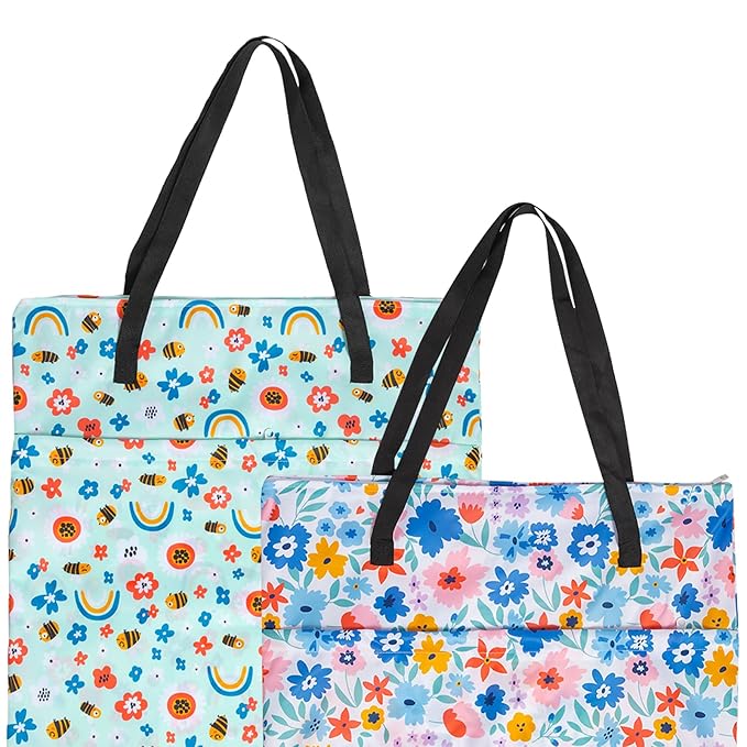 ALVABABY 2 Pack Large Wet Dry Bag Waterproof Hanging Cloth Diaper with Double Zippered Pockets 25x18 inches (Rainbow and flowers)