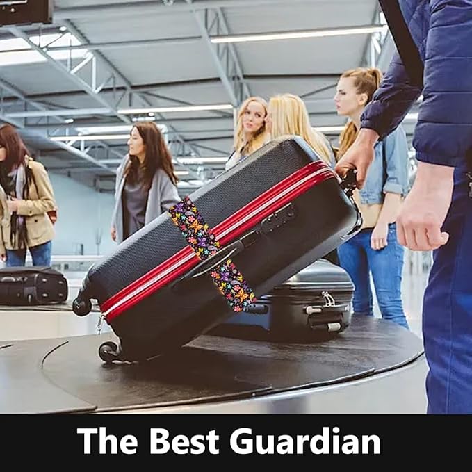 2 Pack Luggage Straps for Suitcases Adjustable Luggage Belt TSA Approved, Bright Colors Travel Packing Straps with Quick Release Buckle Unique Nylon for Sleeping Bag Car Seat, Butterfly Black