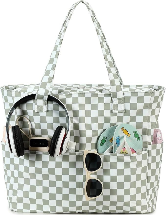 LEDAOU Beach Bag Waterproof Sandproof Women Tote Bag Pool Bag with Zipper for Gym Grocery Travel with Wet Pocket