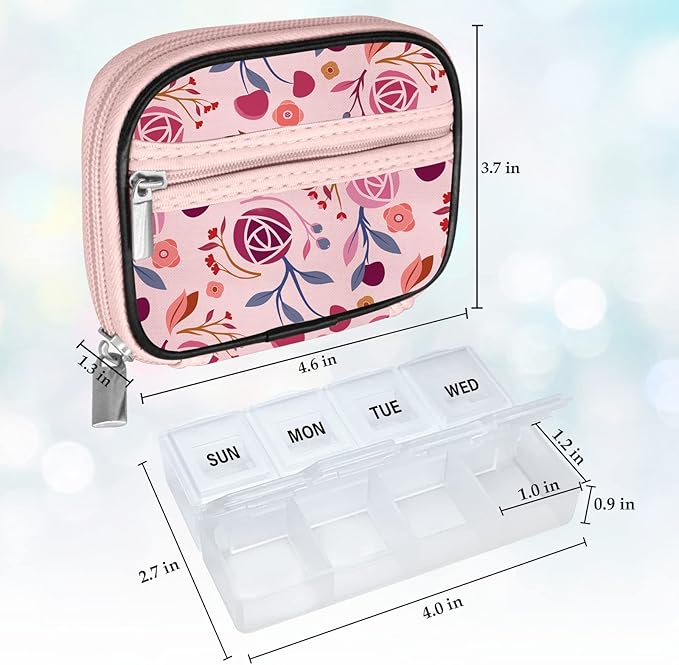 Serfeymi Weekly Travel Pill Organizer Pill Case for Purse with Removable 7 Day Pill Box, Fashionable Travel Medicine Organizer Pill Container for Medicine, Vitamin, Supplement - Pink 01