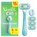 Gillette Venus Extra Smooth Razor for Women, Includes 1 Reusable Razor Handle + 4 Refills, 5-Bladed, Ergonomic No-Slip Gel Handle and Shower Holder
