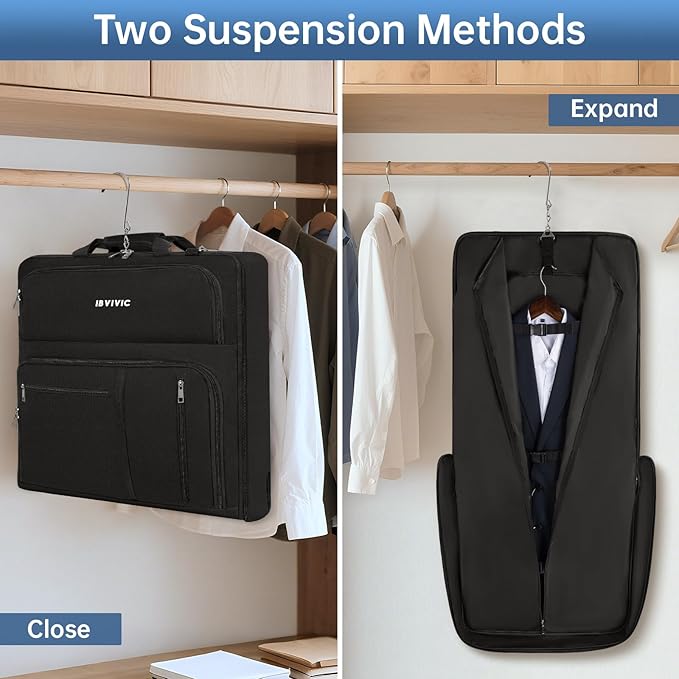 Garment Bags for Travel, 41'' Water-Resistant Carry On Garment Bag for Hanging Clothes, Large Suit Travel Bag Convertible Travel Garment Bag for Shirts, Dresses, Coats (Black)