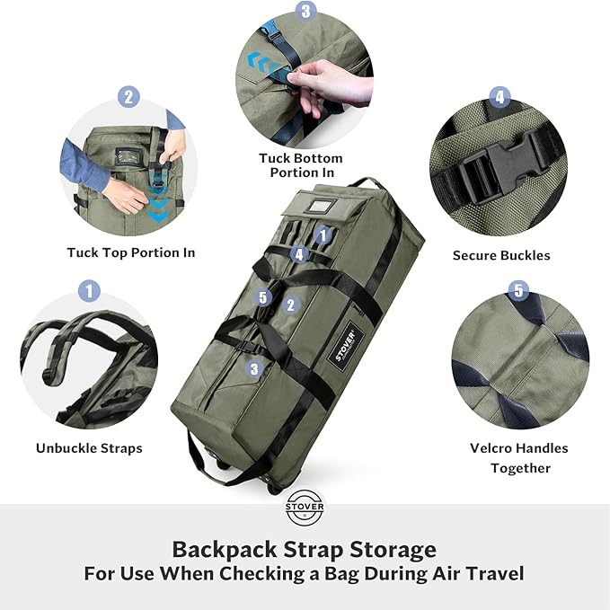 STOVER 100L Rolling Duffel Bag with Wheels, X-Large 35 Inch Durable Travel Duffle + Toiletry Bag, Heavy Duty, Packable w/Shoulder Straps- Use as Luggage or Backpack, Men/Women (Green)
