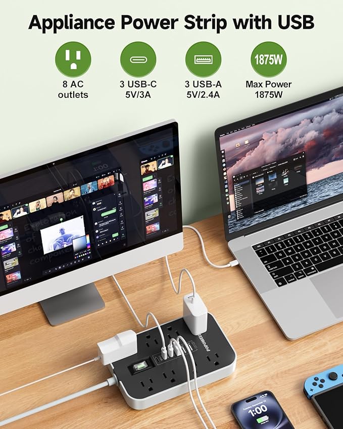 Appliance Power Strip- 14 Guage Heavy Duty Extension Cord, 24in, 8 AC Outlet& 6 USB Ports 4.8A USB Charging Station, 1080J, High Wattage for Microwave, Conditioner, Kitchen, Garage Essentials.