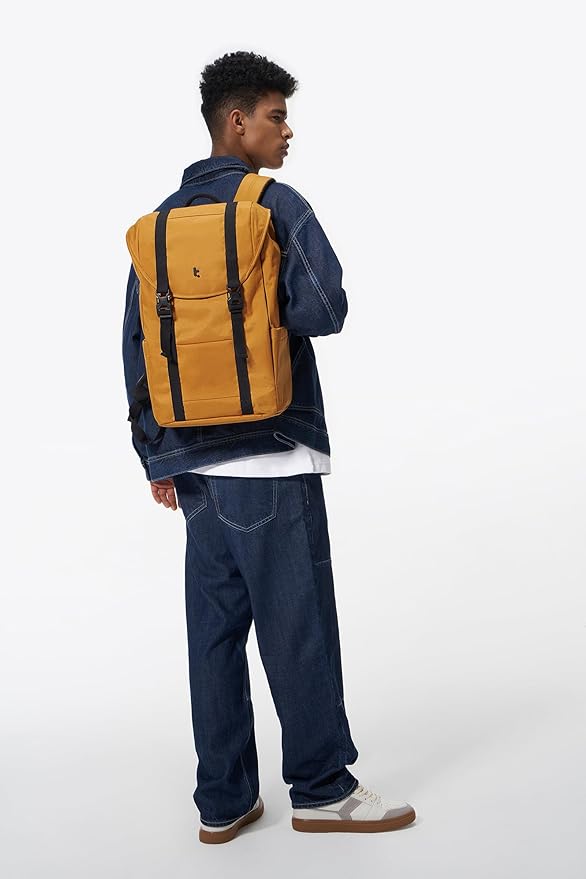 tomtoc Flap Laptop Backpack, Lightweight, Water-Resistant Casual Daypack, Durable Work-pack, Vintage Classic Rucksack for 13-15.6 Inch Laptop, perfect for Campus, Street, 22L Yellow