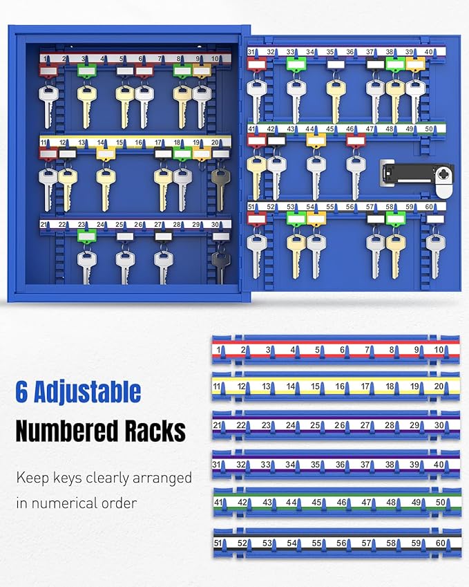 Uniclife 60 Keys Key Lock Box with Code, Wall Mount Key Box, Key Cabinet with Key Racks and Tags, Lock Box for Keys, Key Lockbox, Key Storage Box for Home Office & Company, Blue