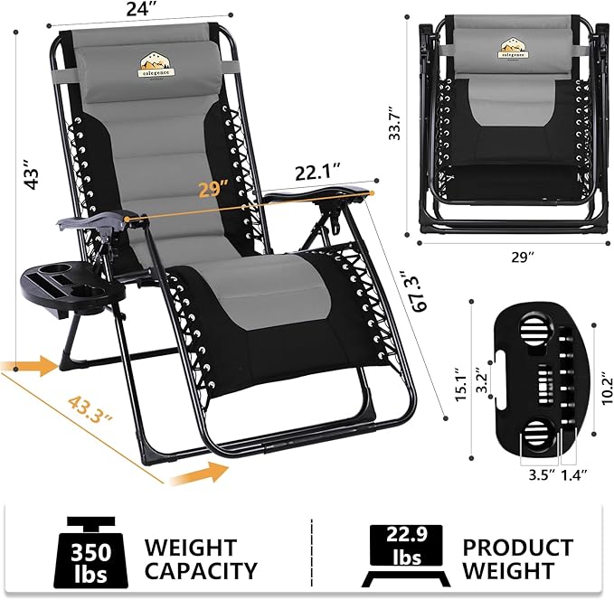 Oversized Padded Zero Gravity Lounge Chair Set of 2, Foldable Patio Anti Gravity Reclining Chairs Folding Lawn Recliner with Cup Holder for Yard, Camping, Outdoor, Support 350 LBS, Black