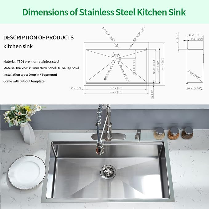 Kitchen Sink, 33 x 22 Drop in Kitchen Sink 16 Gauge Stainless Steel Kitchen Sinks Single Bowl Workstation Sink with Cutting Board