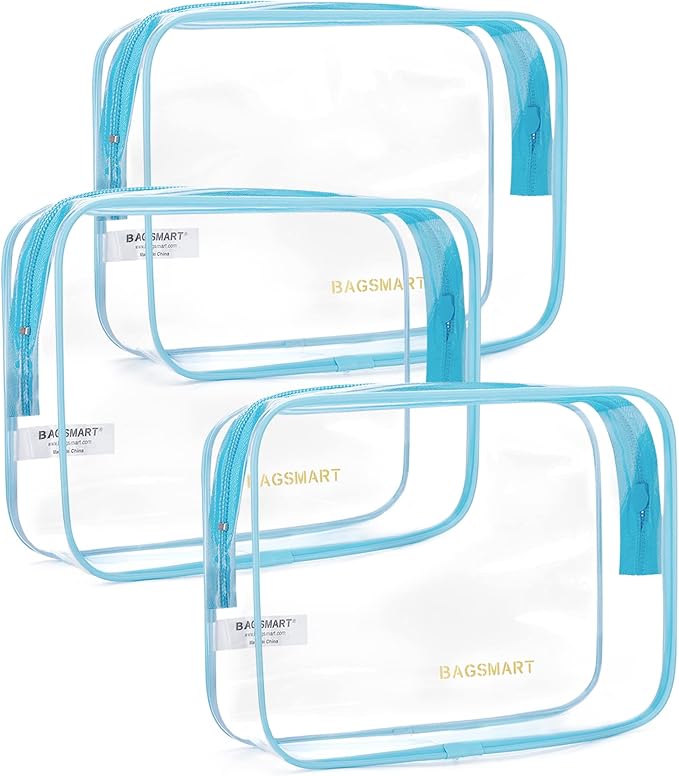 BAGSMART Clear Toiletry Bag, 3 Packs TSA Approved Water-resistant Quart Size Travel Organizer, Airport Airline Travel Essential Carry-On Makeup Cosmetic Bags for Women, Blue