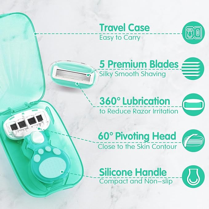 DreamGenius Travel Razors for Women Include 1 Handle and 5 Cartridges, Extra Smooth 5-Blade Travel Essentials Razor with Case for Shaving, Green