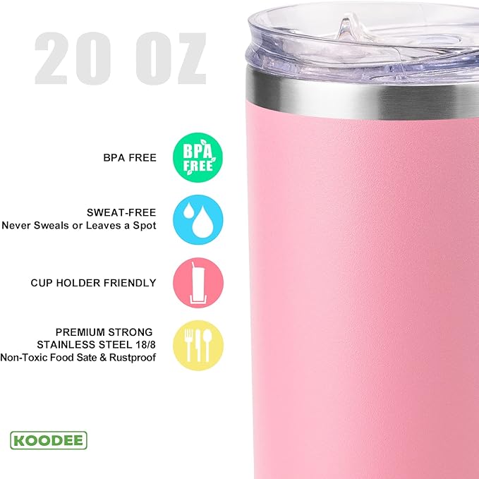 koodee 20 oz Skinny Tumbler (2 Pack) Stainless Steel Double Wall Insulated Water Tumbler Cup with Straw, Slim Travel or Women Diy Birthday Gift (Purple-Pink)