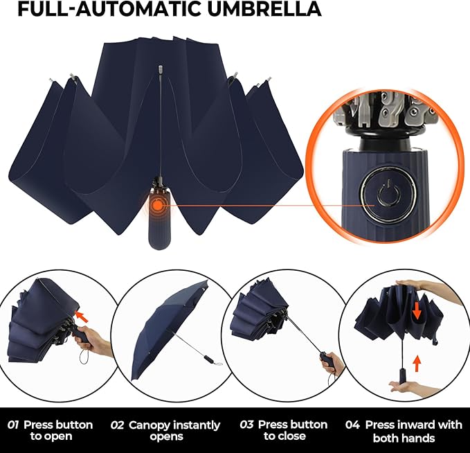Compact Inverted Travel Umbrella, Automatic Open Close, 9-Rib 46 Inch Windproof Umbrella, Waterproof UPF 50+, Portable Umbrellas for Men, Women, Travel, and Daily Use