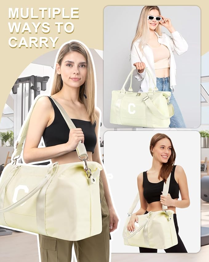 Initial Travel Duffel Bag Sports Gym Bag for Kids Teen Birthday Gifts,Beige Personalized Weekender Bag Carry On Dance Bags for Women Men,Waterproof Monogram Overnight Bag with Trolley Sleeve(Letter C)