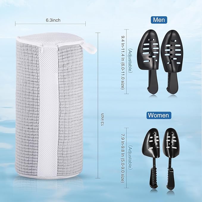 Shoe Laundry Bags for Washing Machine, 2024 New Reusable Laundry Shoe Bag for Washer and Dryer, Fluffy Fibers 360° Wrap-Around Cleaning, 2 Pairs Adjustable Shoe Trees for All Shoes, ‎Gray