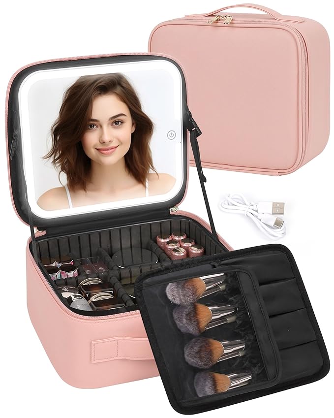 Makeup Bag With LED Mirror, Travel Makeup Case with Light up Mirror Large Cosmetic Case with 3 Color Lighted Portable Professional Organizer Bag with Adjustable Dividers（Pink）