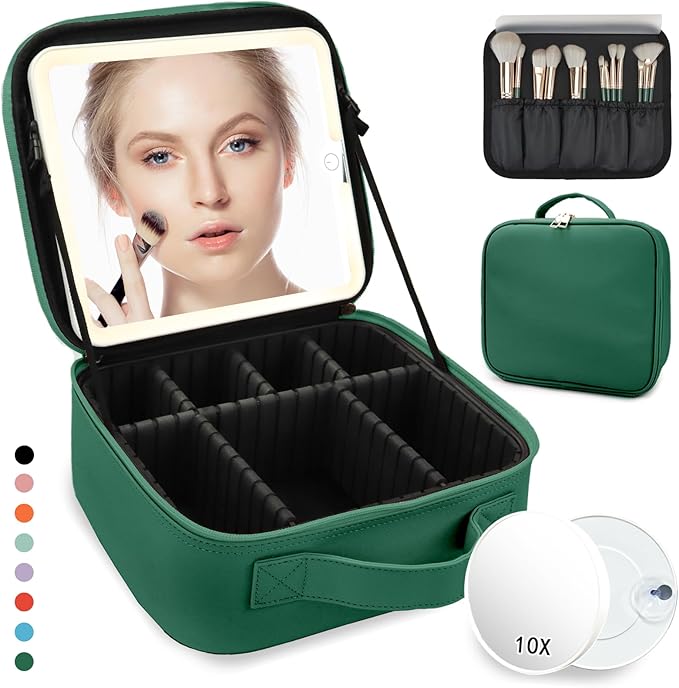 Travel Makeup Bag,with Mirror 3 Color Setting and Detachable 10x Magnifying Mirror Travel Makeup Bag,Portable Storage and Adjustable Dividers（Dark green）