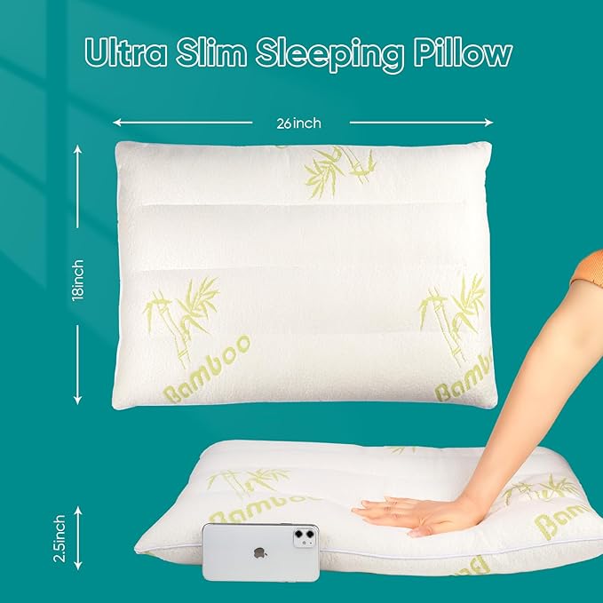 MINUPWELL 2 Packs Ultra Thin Pillows, Flat Pillows for Sleeping Thin, 7D High Support 2.5 inch Height Slim Bed Pillows for Stomach Sleeper, Standard Size -18x26 in - Rayon Derived from Bamboo