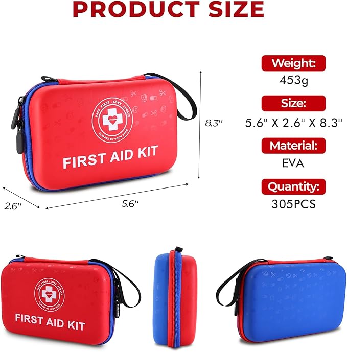 Premium First Aid Kit - 305 Piece Dual-Color Emergency Kit with Hard Shell & Fluorescent Interior Coating, Compact Survival Kit for Home, Car, Travel, Hiking & Outdoor(Red/Blue)