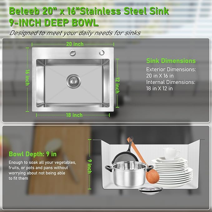 Drop In Kitchen Sink 20x16", 9" Basin Depth, 18 Gauge Stainless Steel Sink, 3D Embossed Surface Finish Top Mount with Accessories
